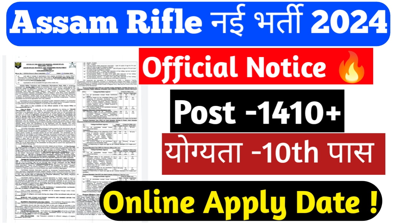 Assam rifle tradesman vacancy 2024, असम राइफल ट्रेडमैन के पदों पर 1410 पदों पर भर्ती का नोटिफिकेशन जारी 10वीं पास करें आवेदन